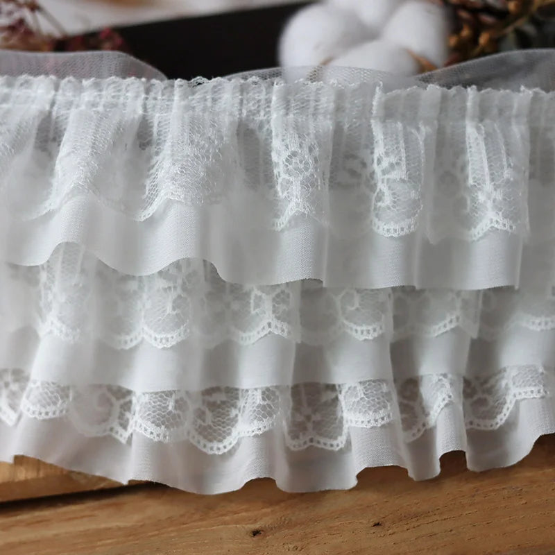 12cm bred hvit svart tre lag 3D plissert nett chiffon stoff brodert ruffle trim diy kjole klær krage sying dekor