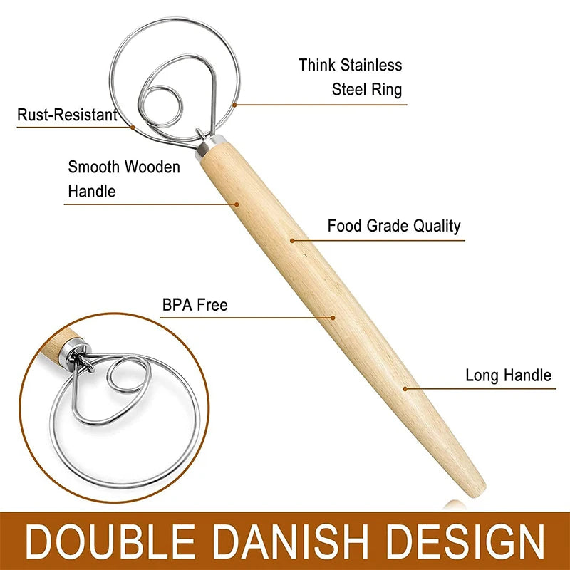 Large Hand Danish Dough Whisk Bread Mixer Stainless Steel Cake Pastry Dough Mixer Stick Egg Beater Kitchen Baking Blender Tools