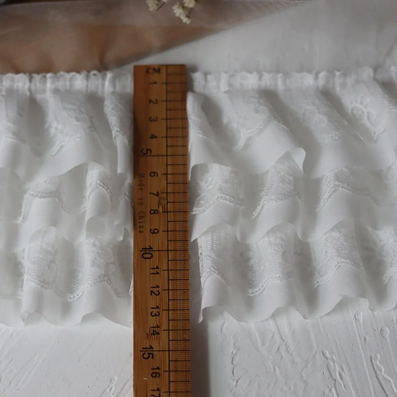12cm bred hvit svart tre lag 3D plissert nett chiffon stoff brodert ruffle trim diy kjole klær krage sying dekor