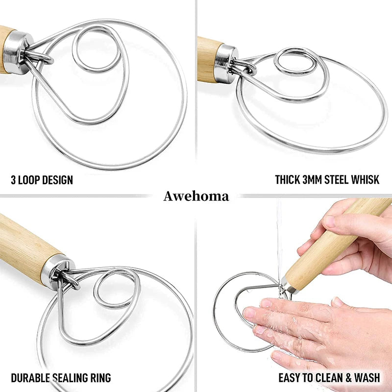 Large Hand Danish Dough Whisk Bread Mixer Stainless Steel Cake Pastry Dough Mixer Stick Egg Beater Kitchen Baking Blender Tools
