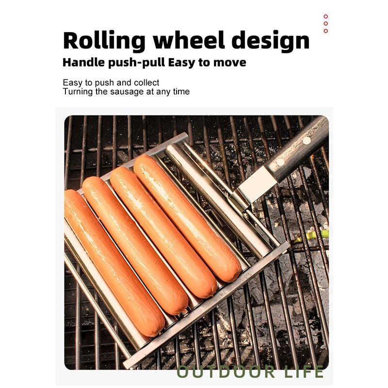 Hot Dogreller Rack, Edelstol dobaussen bbq Wurtage Grill Pan mat laangem Holzhandel, nei Barbecue Tools