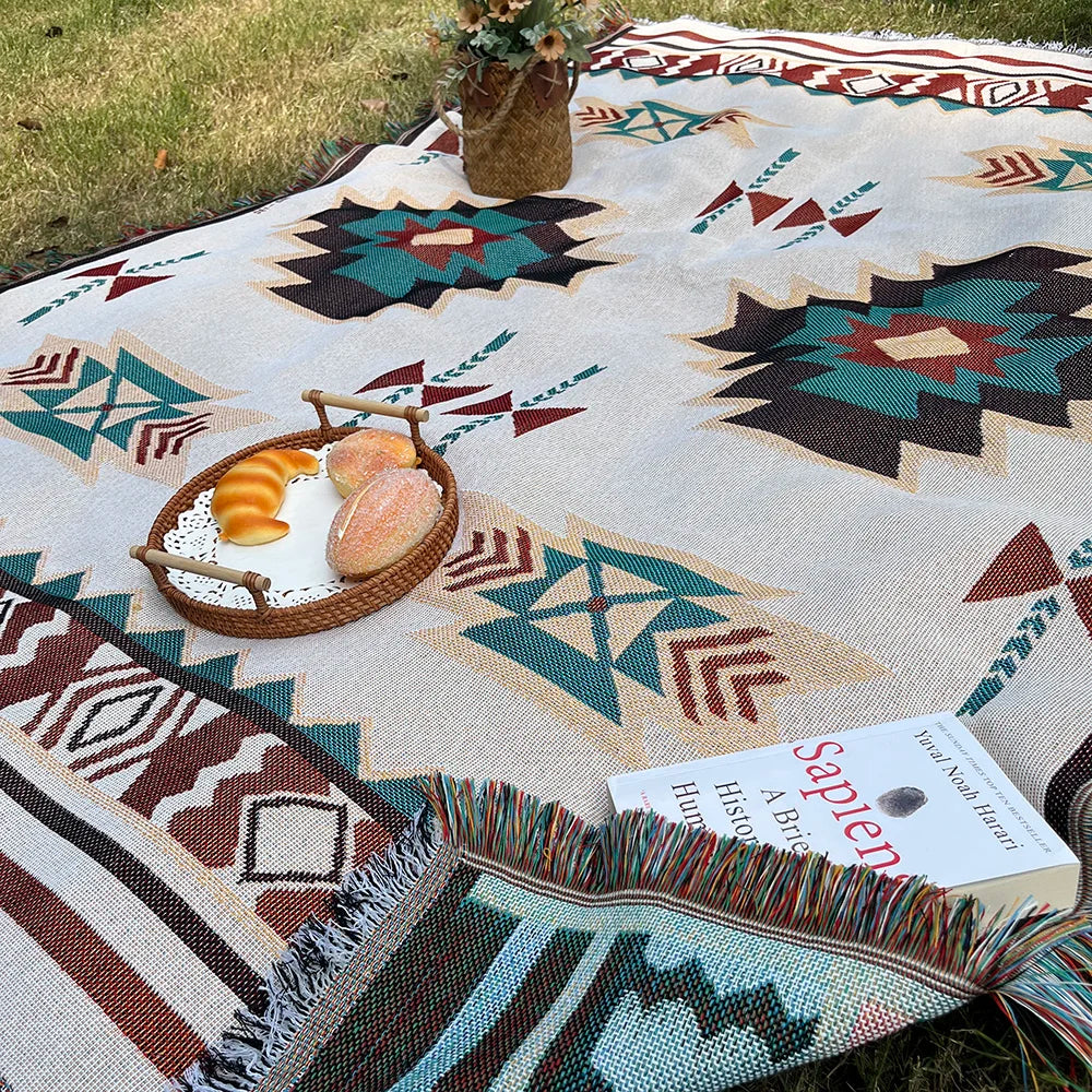 Acteku sega, lielizmēra boho mest segu ar bārkstīm, dienvidrietumu ģeometriskā gobelēna vintage austās mestās segas, dubultā-si