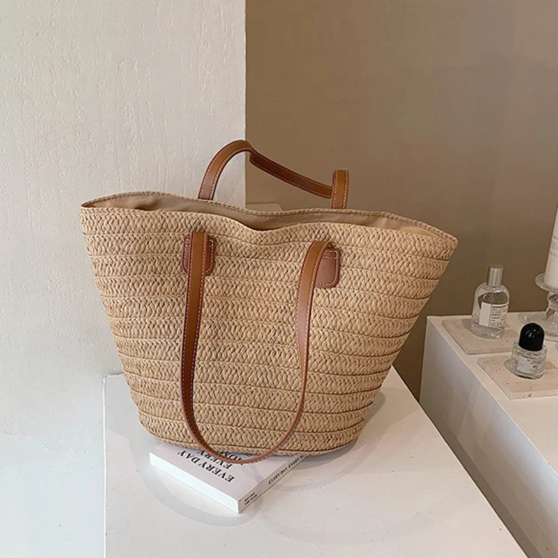 Dames grote capaciteit schoudertas zomer stro geweven mand handtas mode vrouwelijke luxe ontwerper strandzak bali shopper tote