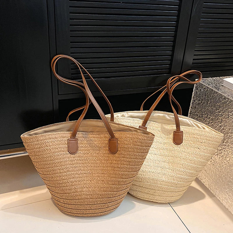 Dames grote capaciteit schoudertas zomer stro geweven mand handtas mode vrouwelijke luxe ontwerper strandzak bali shopper tote