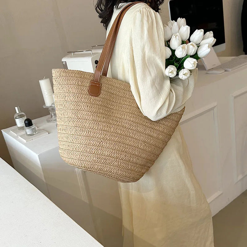 Dames grote capaciteit schoudertas zomer stro geweven mand handtas mode vrouwelijke luxe ontwerper strandzak bali shopper tote