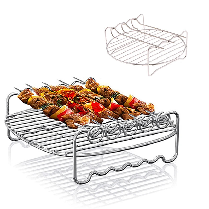 Grelha de aço inoxidável assar espetos pan skewers ar friturador de ar churrasqueira dupla churrasqueira pan de substituição de churrasqueira ferramentas de cozinha de churrasco