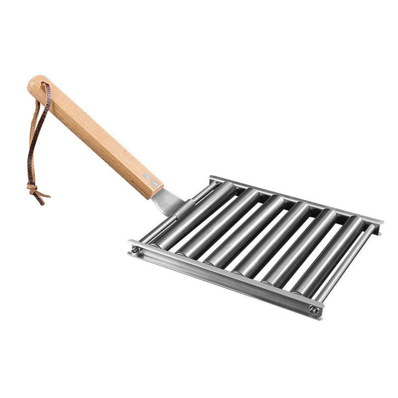 Hot Dogreller Rack, Edelstol dobaussen bbq Wurtage Grill Pan mat laangem Holzhandel, nei Barbecue Tools