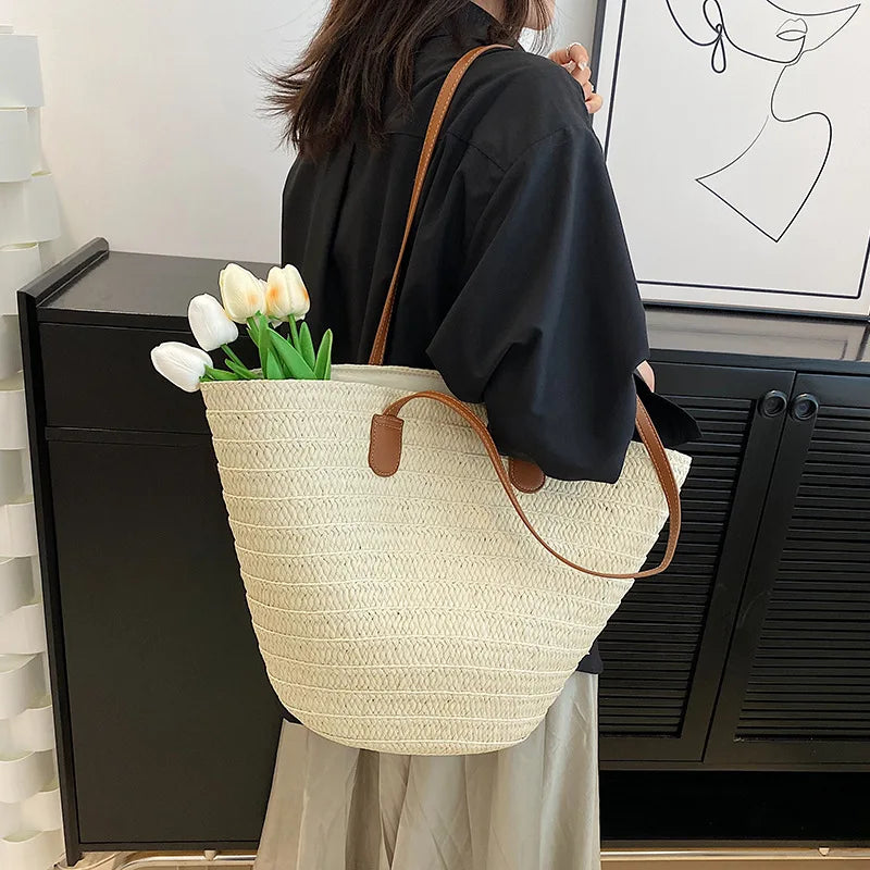 Dames grote capaciteit schoudertas zomer stro geweven mand handtas mode vrouwelijke luxe ontwerper strandzak bali shopper tote