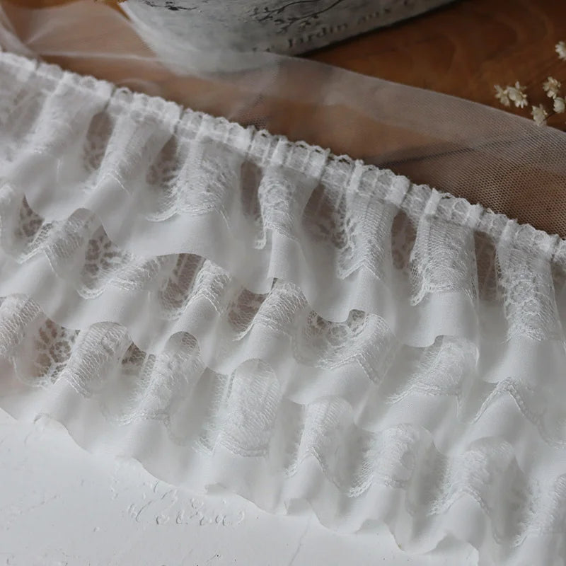 12cm bred hvit svart tre lag 3D plissert nett chiffon stoff brodert ruffle trim diy kjole klær krage sying dekor