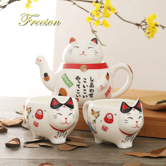 Søt japansk heldig katt porselens te sett kreativ maneki neko keramisk te kopp potte med sil nydelig plutus katt tekanne krus