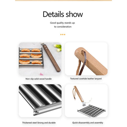 Hot Dogreller Rack, Edelstol dobaussen bbq Wurtage Grill Pan mat laangem Holzhandel, nei Barbecue Tools