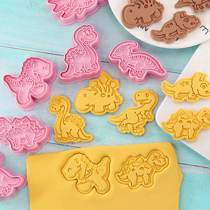 8pcs setzen Cookien Cutter Dinosaura Plastik Cartoon Precuit Meluit Melofière Kachie Shamping Bëscher