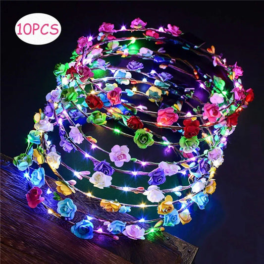 10 gab. Led ziedu vainaga galvas saite Light Up ziedu galvas lentes sievietēm Garlands Kvēlojošie ziedu vainagu vainagi kāzu ballītei