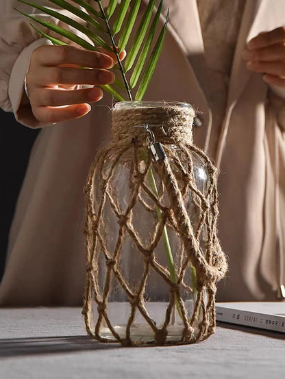 Rustik hængende glasvase reb netto tør blomster glas vase med kunst hamp reb hjem gennemsigtig stue udsmykning borddekoration
