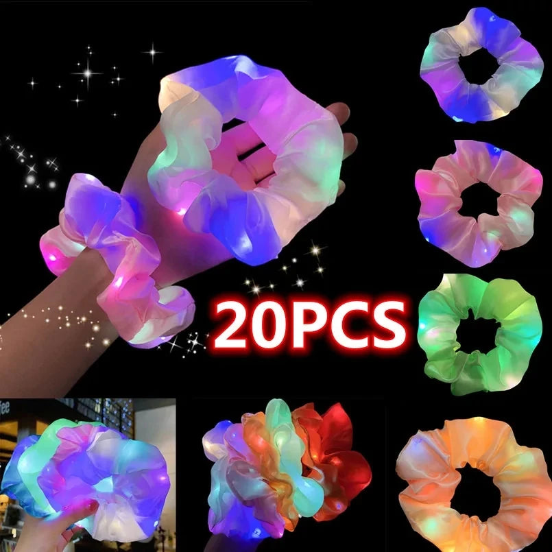 20 gab/partijas LED gaismas gaismas skrāpējumi matu joslas zirgastes turētāja galvassegas elastīgās satīna matu joslas meiteņu matu aksesuāri ballītei
