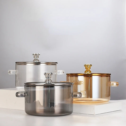 1PCS Household skleněná pánev pro vaření dvojité ušní skleněné polévky Pot Pot Noodle Bowl Cookware s vrcholy malé medvědí sada hrnců na vaření