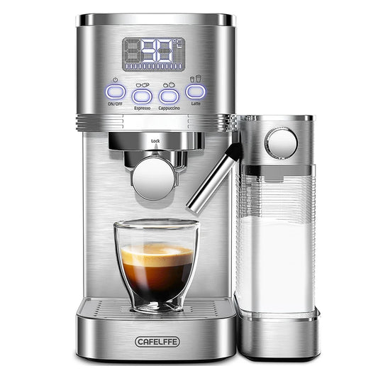 Cafelffe 3in1 semi automatesch Espresso Cappuccino Latte Kaffi Fuddermëllech Automatesch Mëllechstrahl Steelsteng 20bar