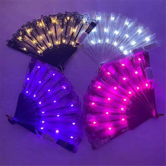 1PC LED kvēlojošās ventilatoru mežģīņu saliekamā plastmasas ventilatoru deju kāzu rokas fanu dzimšanas dienas svinības dāvanu svētku dekors Light Up Party Butafs