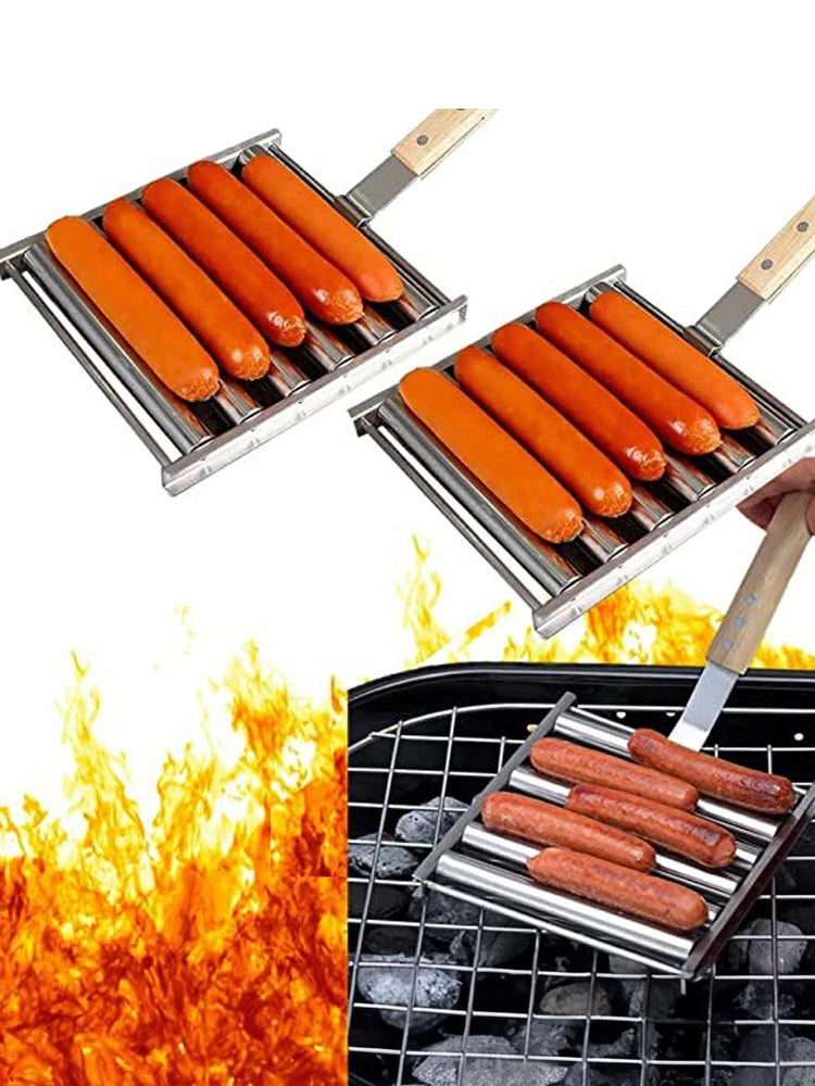 Hot Dogreller Rack, Edelstol dobaussen bbq Wurtage Grill Pan mat laangem Holzhandel, nei Barbecue Tools
