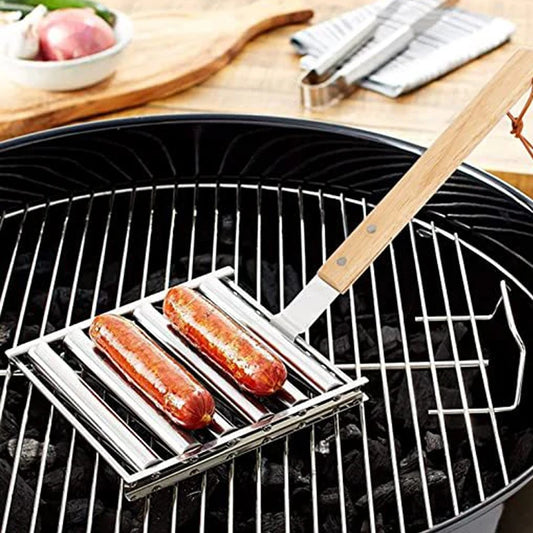 Stojan na horké dogy, nerezová ocel venku BBQ Grill Grill Pan s dlouhým dřevěným rukojetem, nové grilovací nástroje