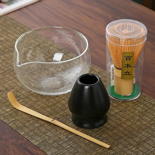 3/4 pezzi matcha set da tè set di bambù pazzola di vetro ciotola matcha tradizionali utensili da tè fatti a mano interni