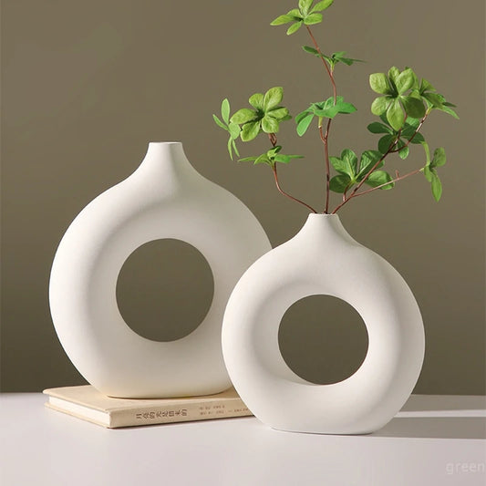 Utánzat kerámia tiszta fehér váza dekoratív vazen ​​egyszemélyes ág virág elrendező dísz Donut Design Flowerpot asztal dekoráció