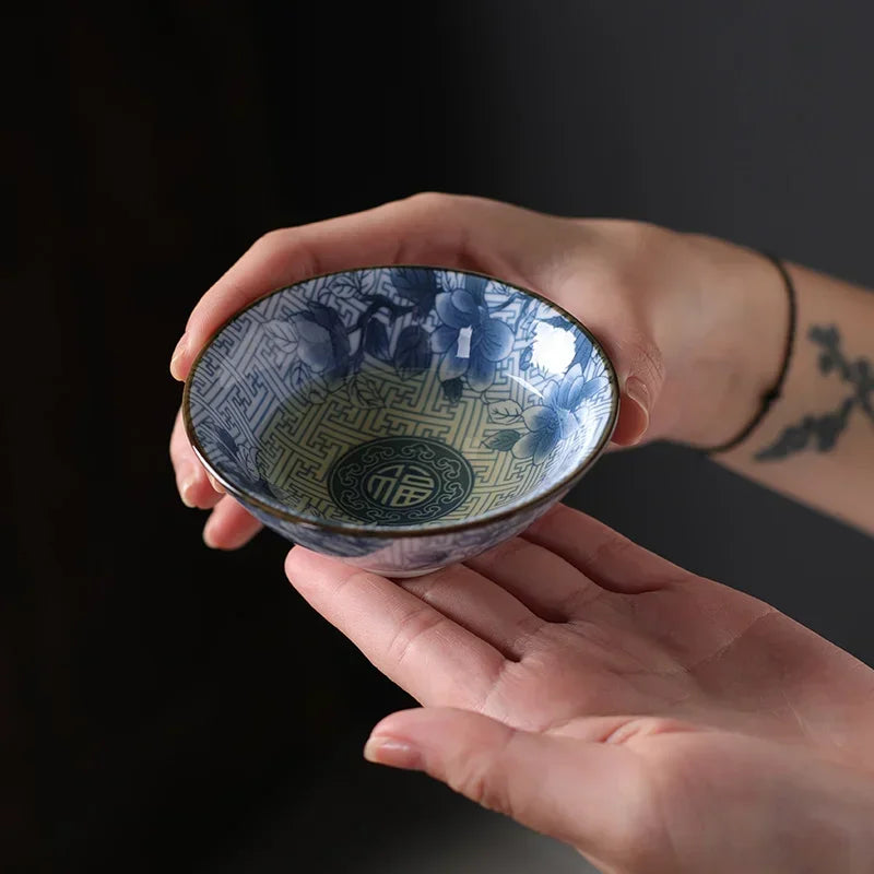 1 pezzi retrò blu e bianco cono in porcellana teacup anti-ridimensionamento ceramico ceramico ciotola da tè da viaggio tazze da tè