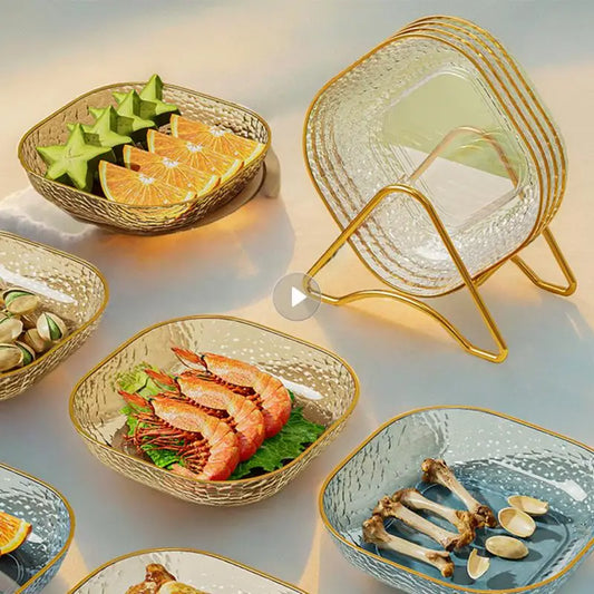 1PCS Transparentní ovocný talíř Salát Dezert Snack Storage Tray Home Kitchen Sto od stolního nádobí Multifunkční kostní miska se sadami držáku